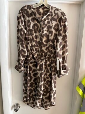 J Crew Tie Front Silk Shirt Dress Dusty Leopard Print 12